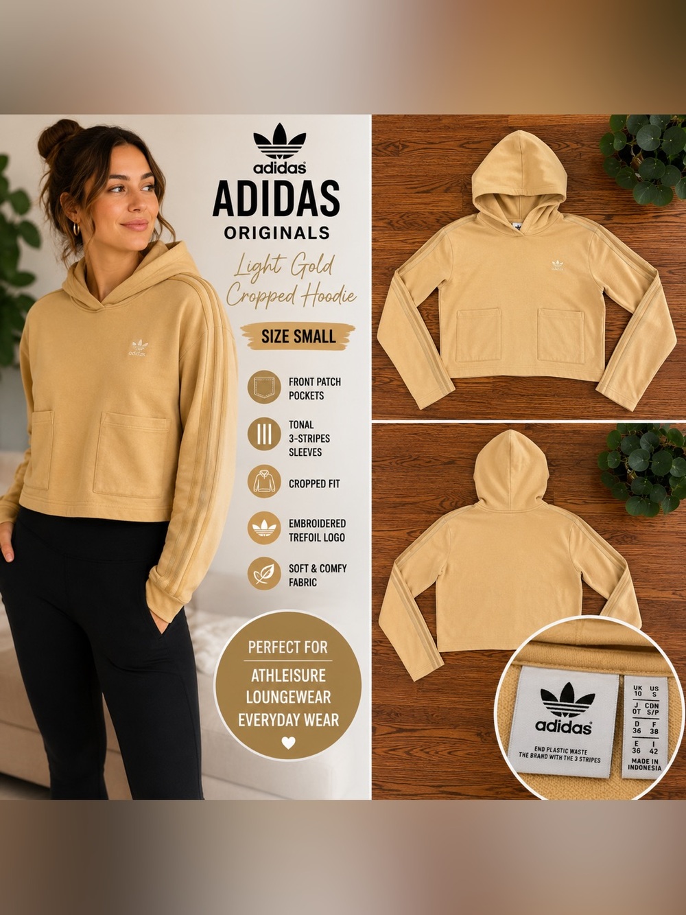Adidas Originals Light Gold Cropped Hoodie Sweatshirt Women’s Size Small